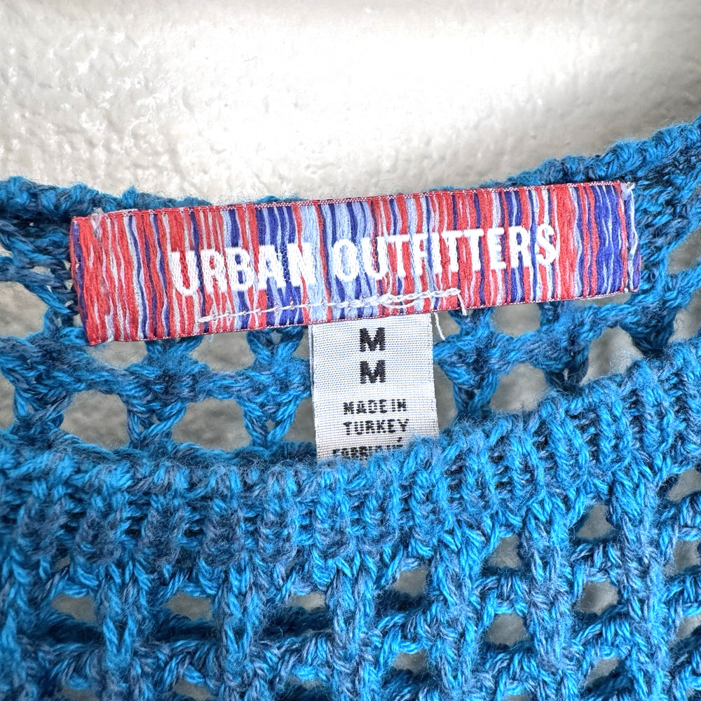 Urban Outfitters Blue Crochet Crop Top Women M Open Knit Long Sleeve Y2K - Picture 2 of 7